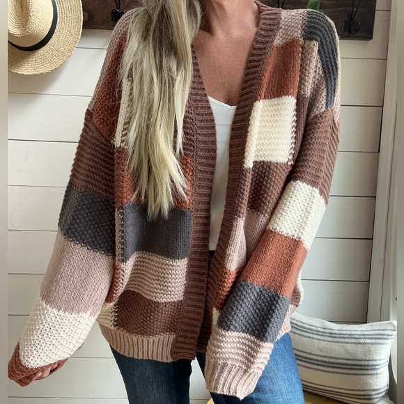 Mocha Brown Combo Checker Block Knit Cardigan Sweater - Picture 2 of 4